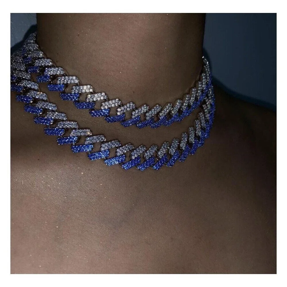 Blue  cuban Choker Necklace ,  blue choker Iced cuban 16inch